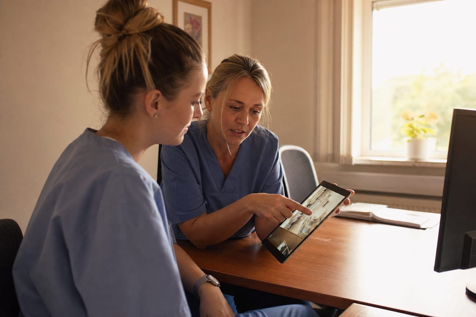 Betriebsinhaber und neue Fachkraft am Tablet in der Werkstatt