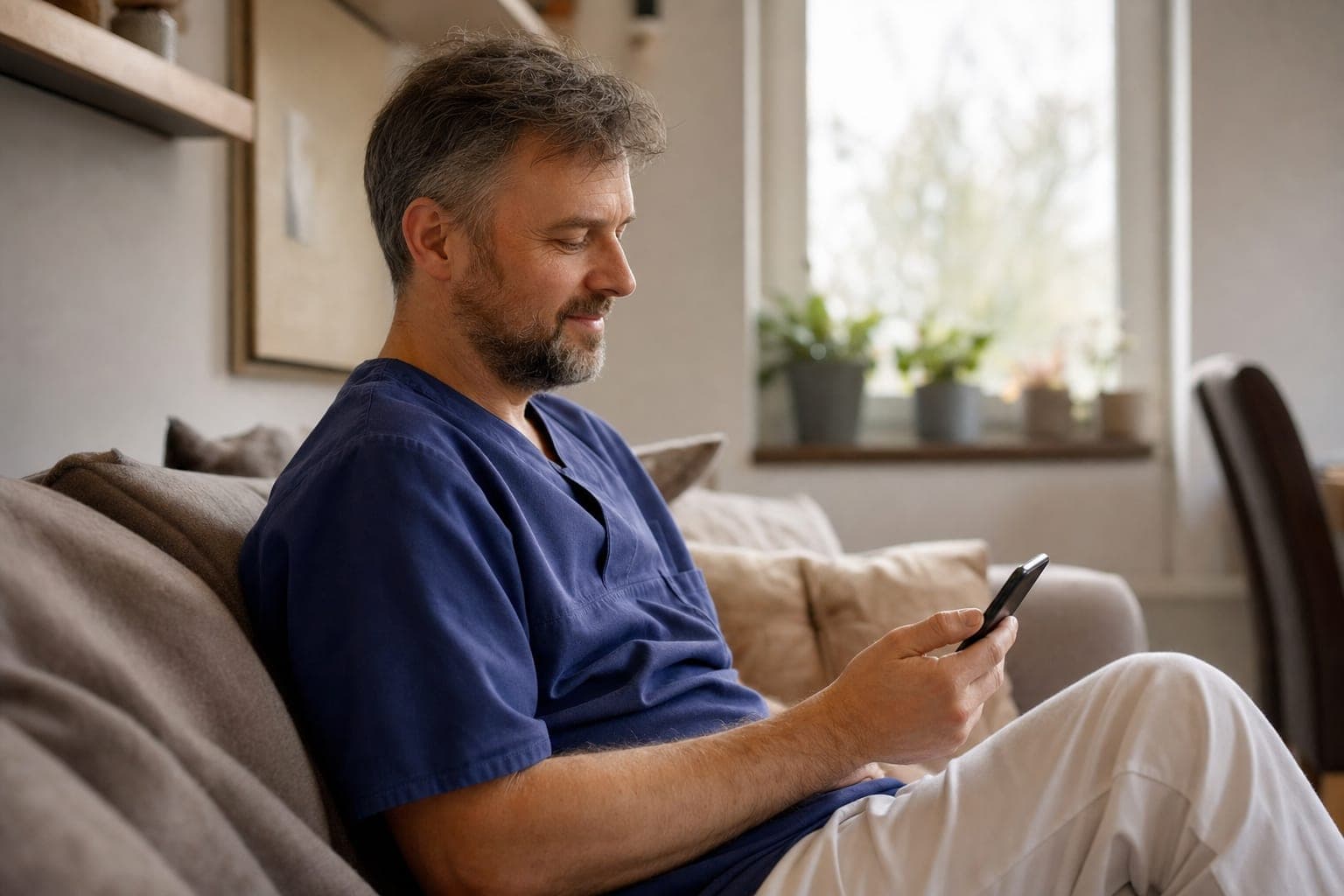 Fachkraft zuhause auf dem Sofa mit dem Telefon in der Hand